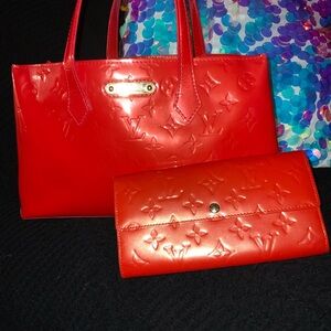 Louis Vuitton Red Embossed Tote and Wallet Set